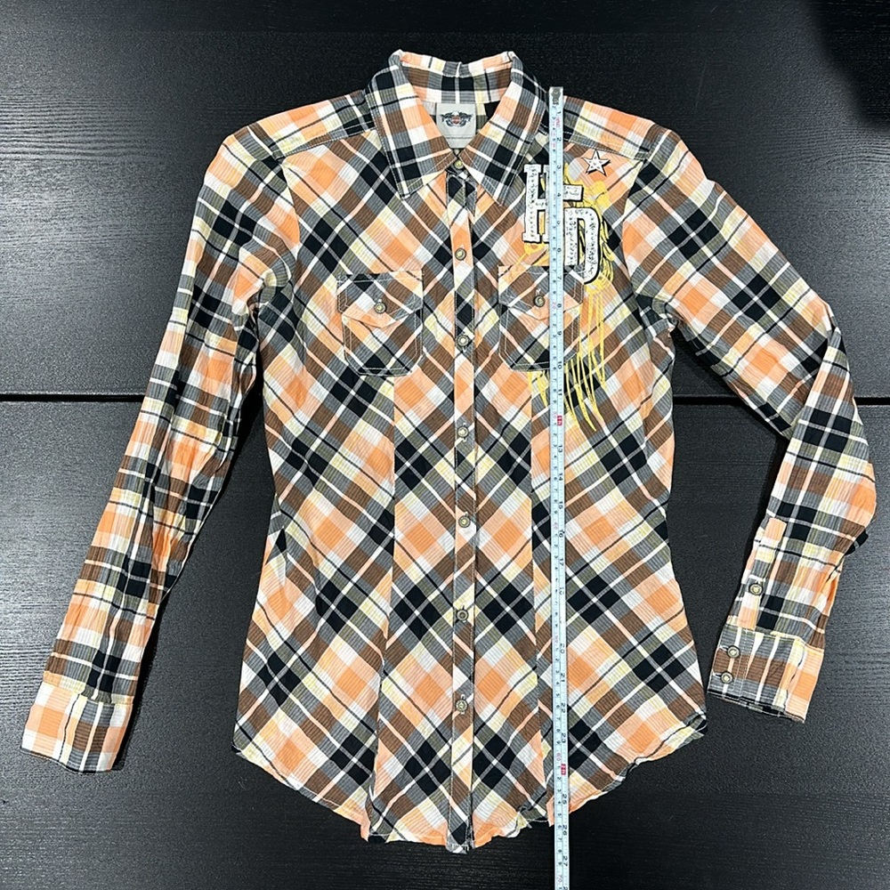 Harley-Davidson Women’s Orange and Black Plaid Shirt with Rhinestone Wing - XS - Picture 9 of 10